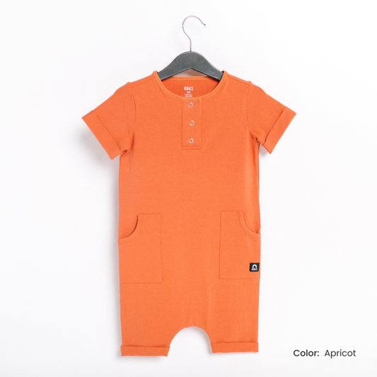 Rolled Sleeve Short Henley Rag Romper - Apricot Tea for Three: A Children's Boutique