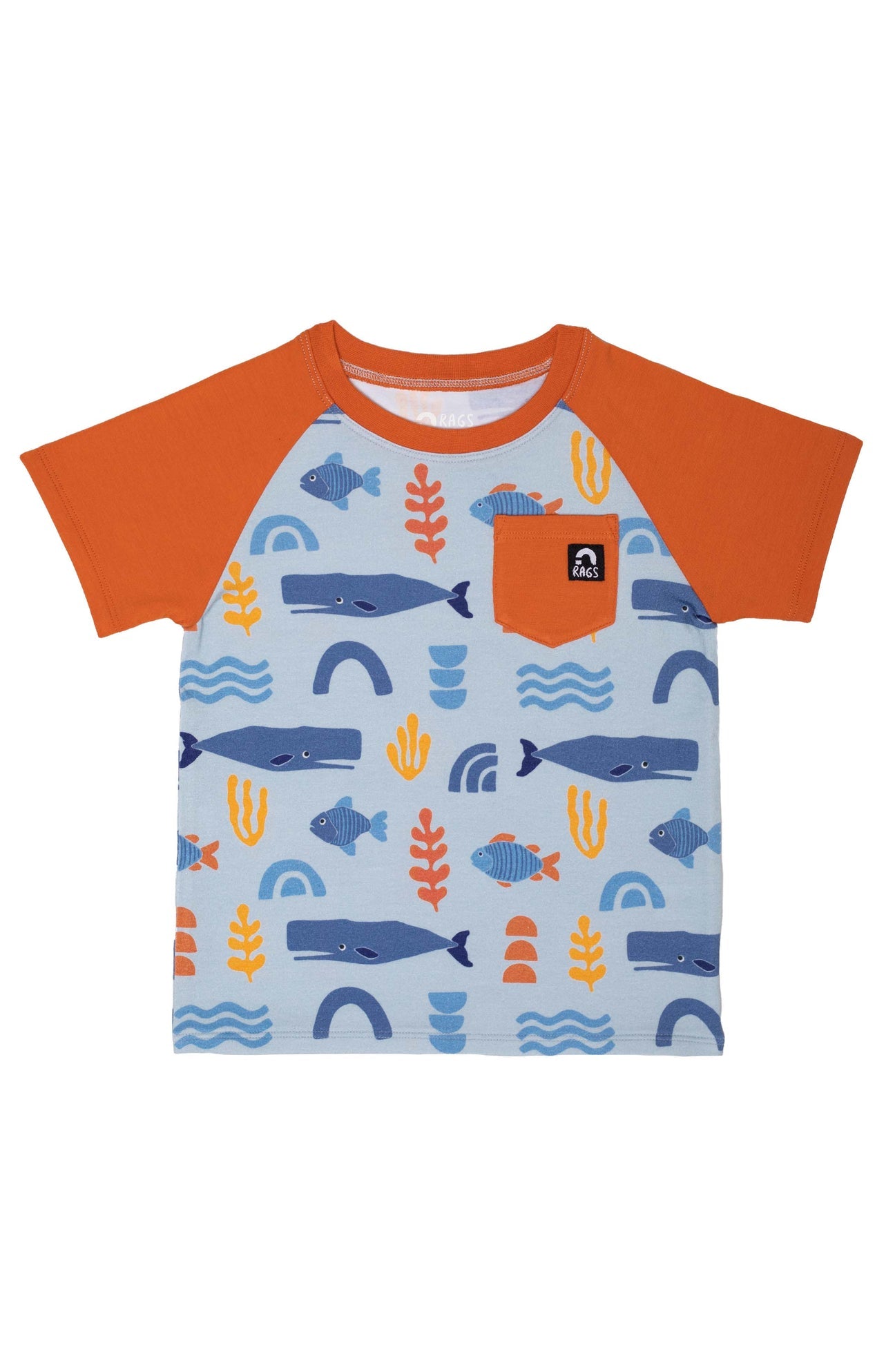Short Raglan Sleeve Pocket Rounded Kids Tee - 'Abstract Ocean' TheT43Shop