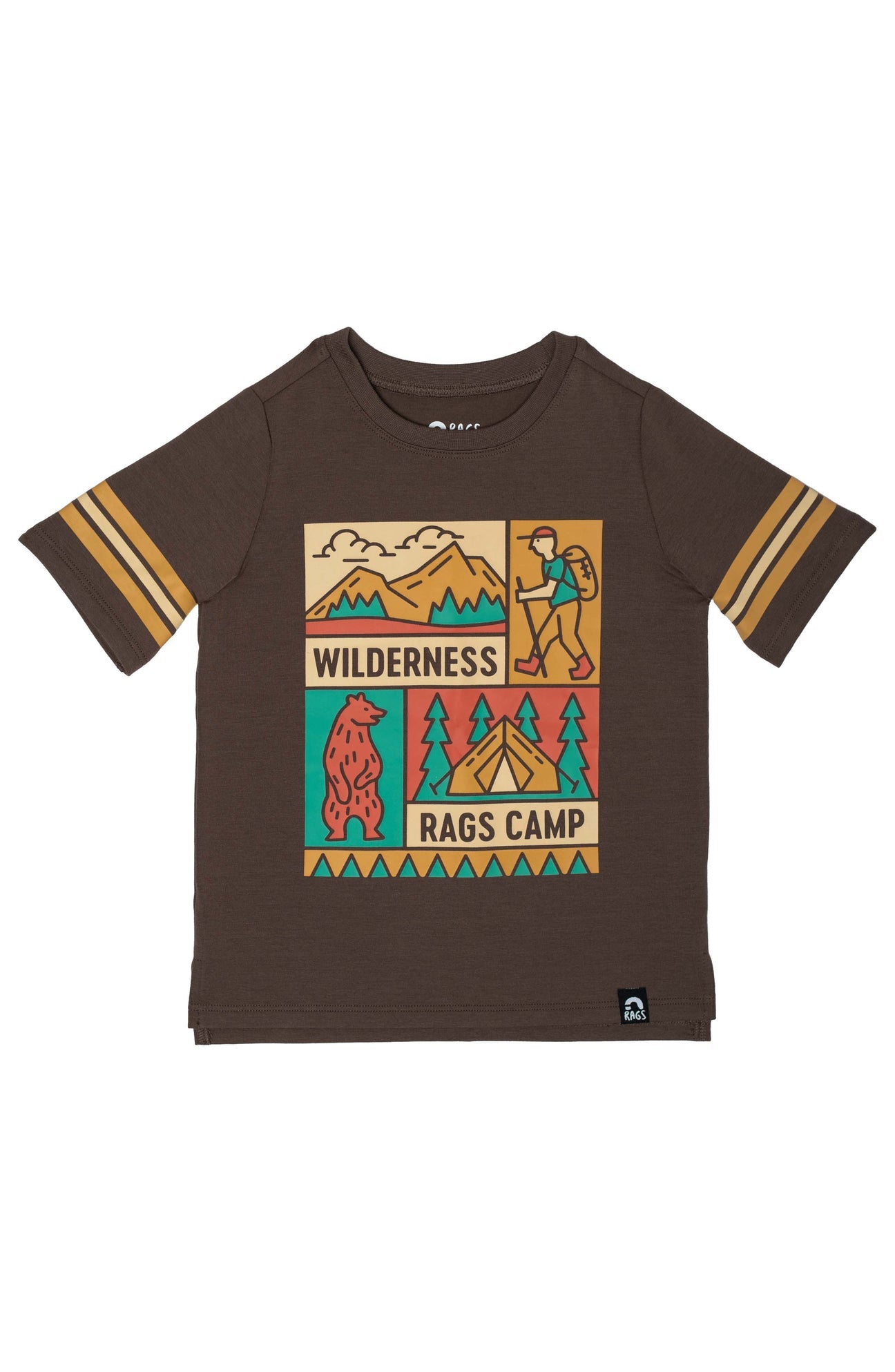 Retro Sleeve Kids Tee - 'Wilderness Rags Camp' - Major Brown TheT43Shop