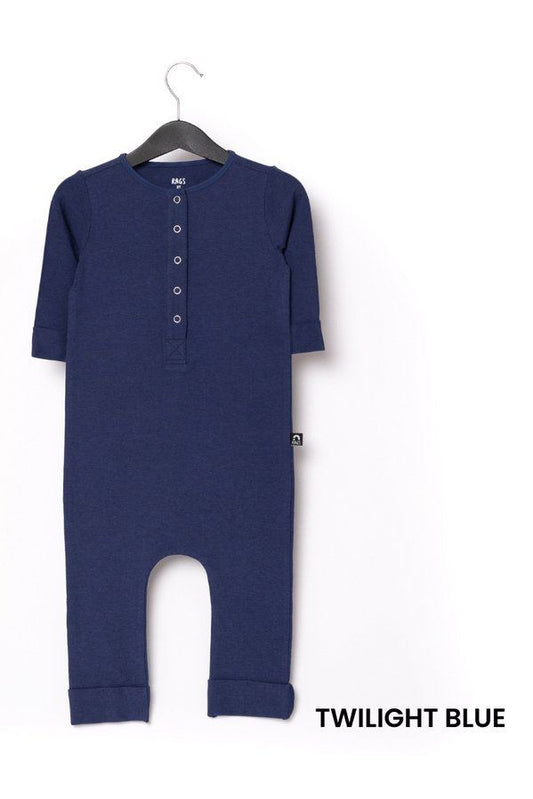 Essentials 3/4 Rolled Sleeve Henley Long Rag Romper - 'Twilight Blue' - Tea for Three: A Children's Boutique-New Arrivals-TheT43Shop