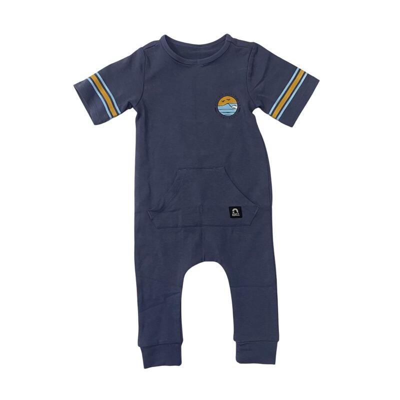 Retro Short Sleeve Kangaroo Pocket Rag Romper - ‘Pacific NW Surf Club’ - Nightshadow - Boutique Exclusive! - Tea for Three: A Children's Boutique-New Arrivals-TheT43Shop
