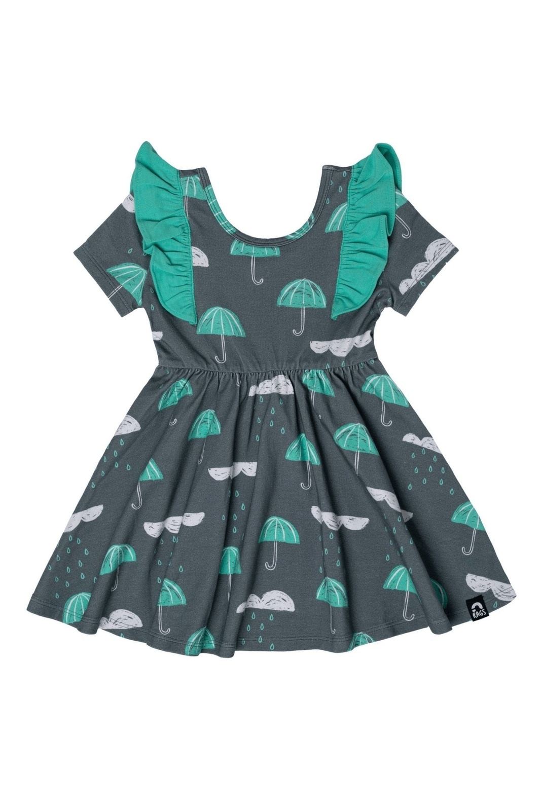 Short Sleeve Ruffle Swing Dress - 'Rainy Day' - Stormy Weather - Tea for Three: A Children's Boutique-New Arrivals-Tea for Three: A Children's Boutique